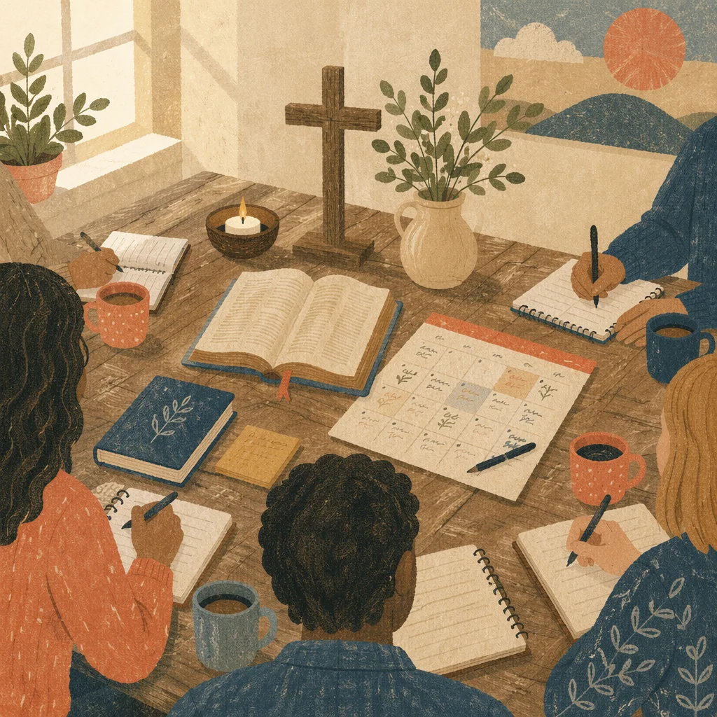 Church Staff Planning Meeting at Wooden Table