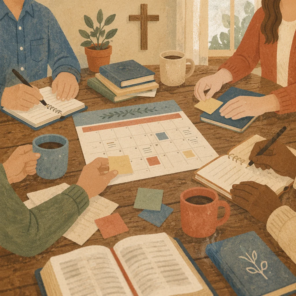Church Staff Planning Meeting Around Wooden Table