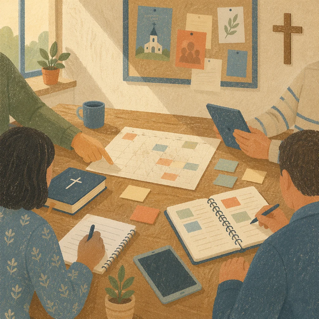 Church Staff Planning Meeting Around Wooden Table