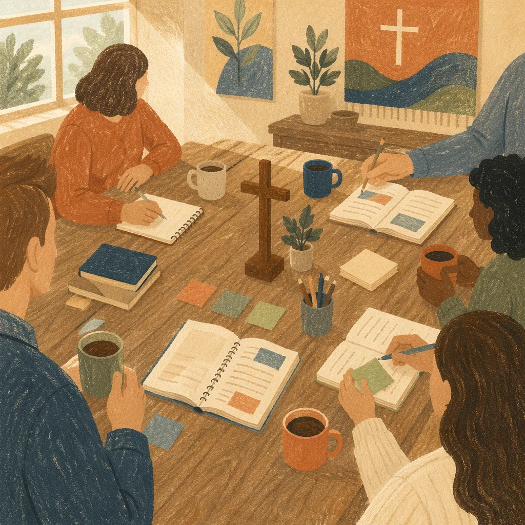 Church Staff Planning Meeting at Wooden Table