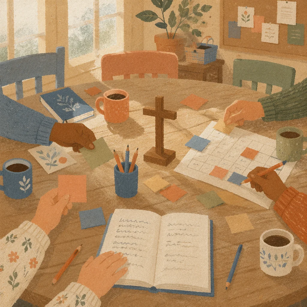 Church Staff Planning Meeting Around Wooden Cross
