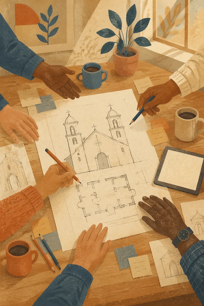 Church Staff Planning Meeting Around Architectural Plans
