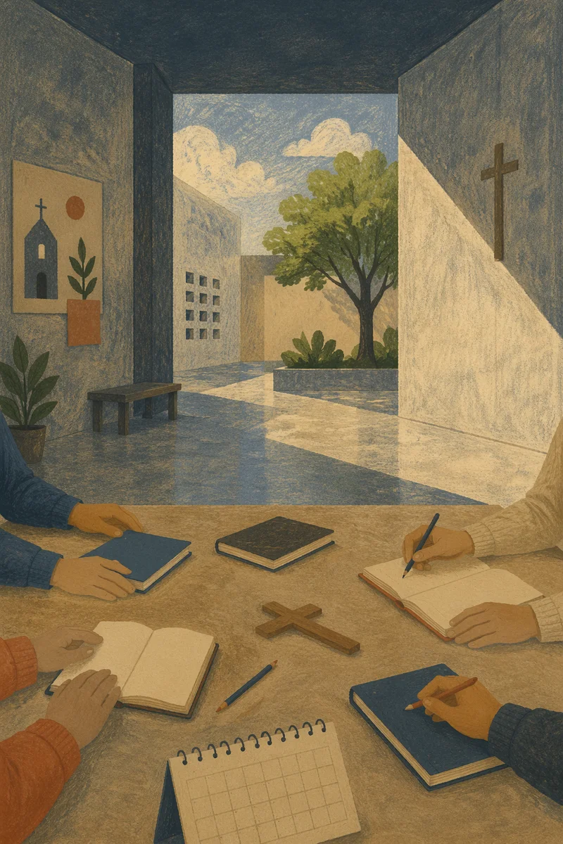 Church Staff Planning Meeting in Sunlit Courtyard