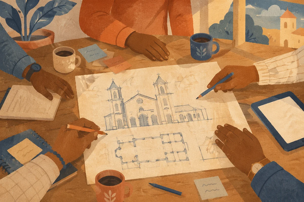 Church Staff Planning Meeting Around Building Plans