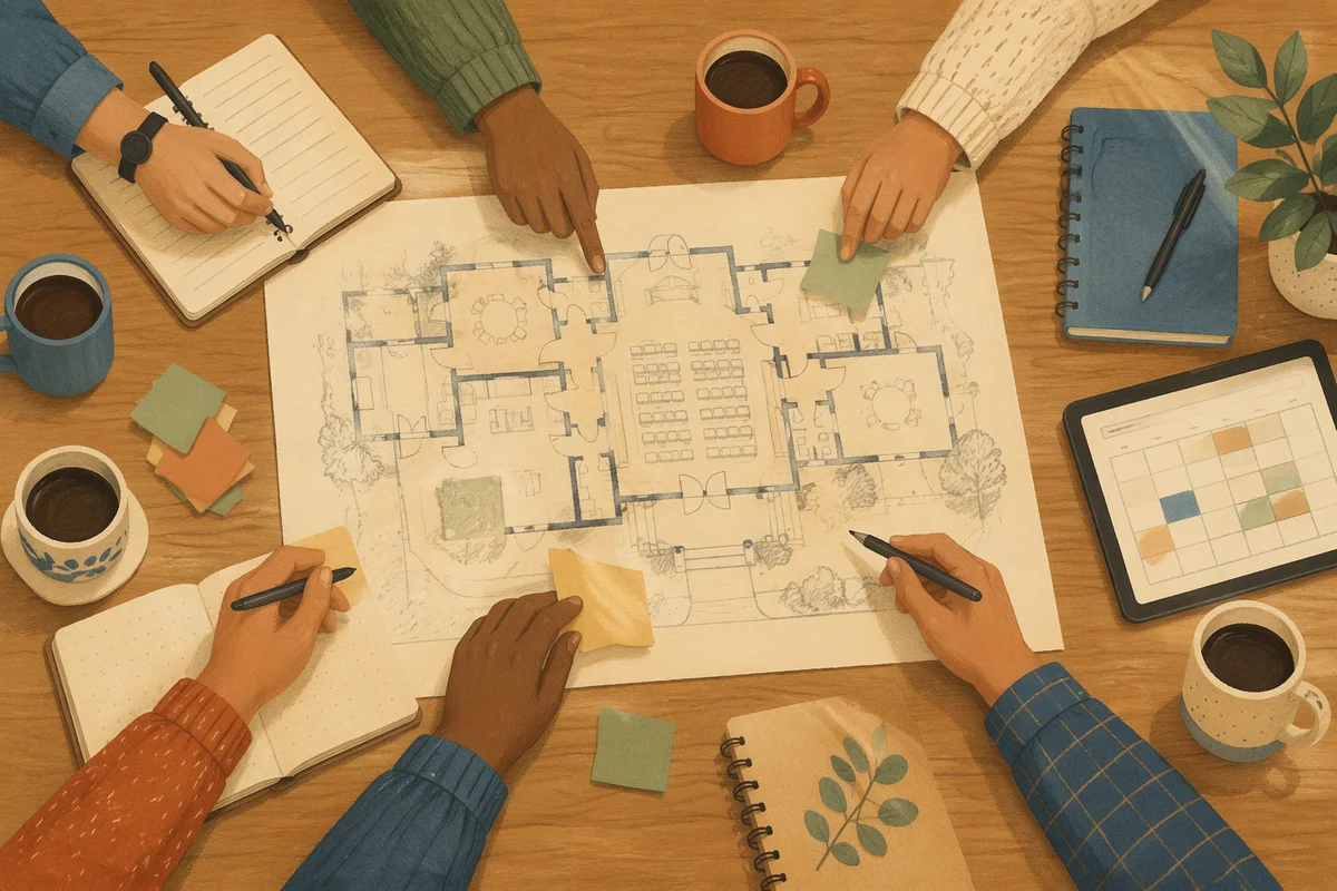 Church Staff Planning Meeting Over Floor Plan
