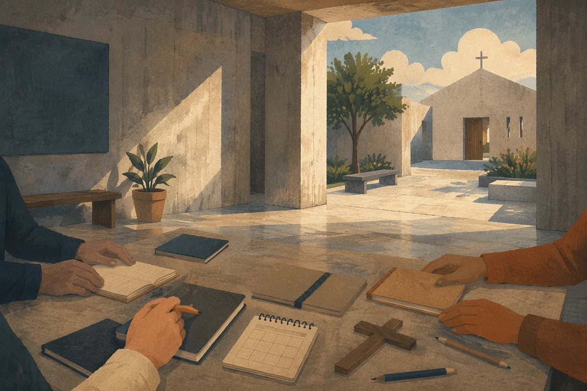 Church Staff Planning Meeting in Sunlit Concrete Hall