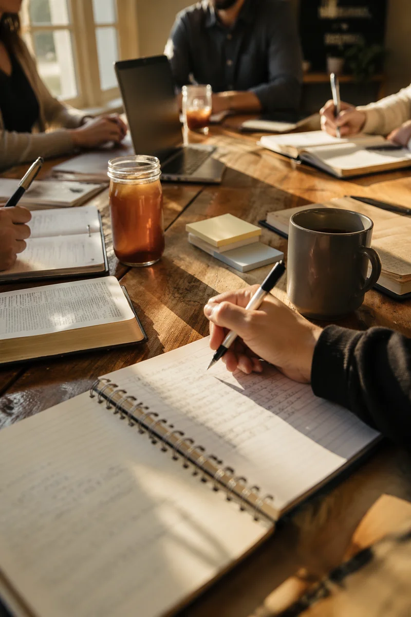 Church Staff Planning Meeting at Wooden Table