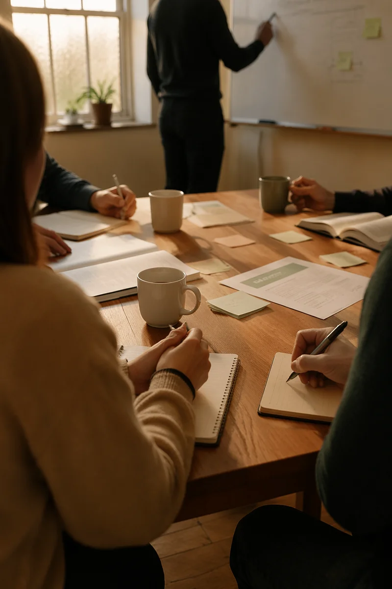 Church Staff Planning Meeting at Wooden Table