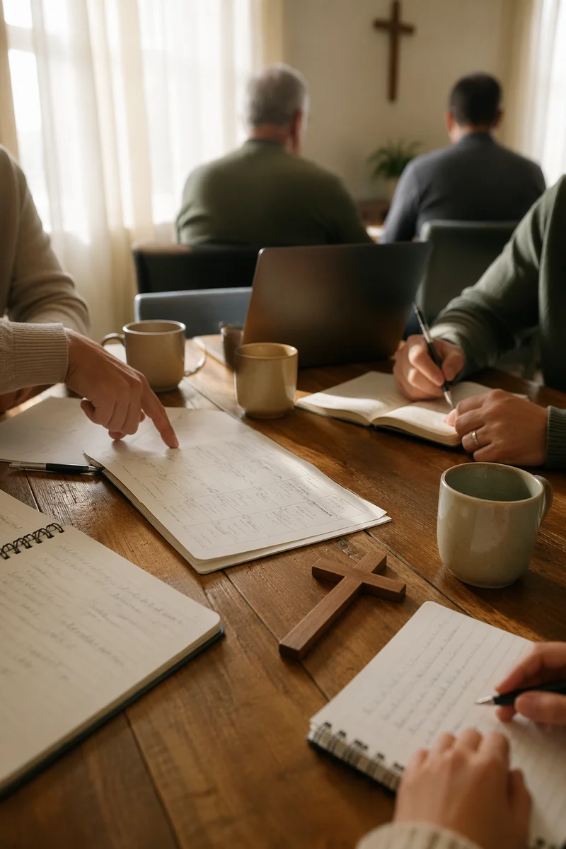 Church Staff Planning Meeting at Wooden Table