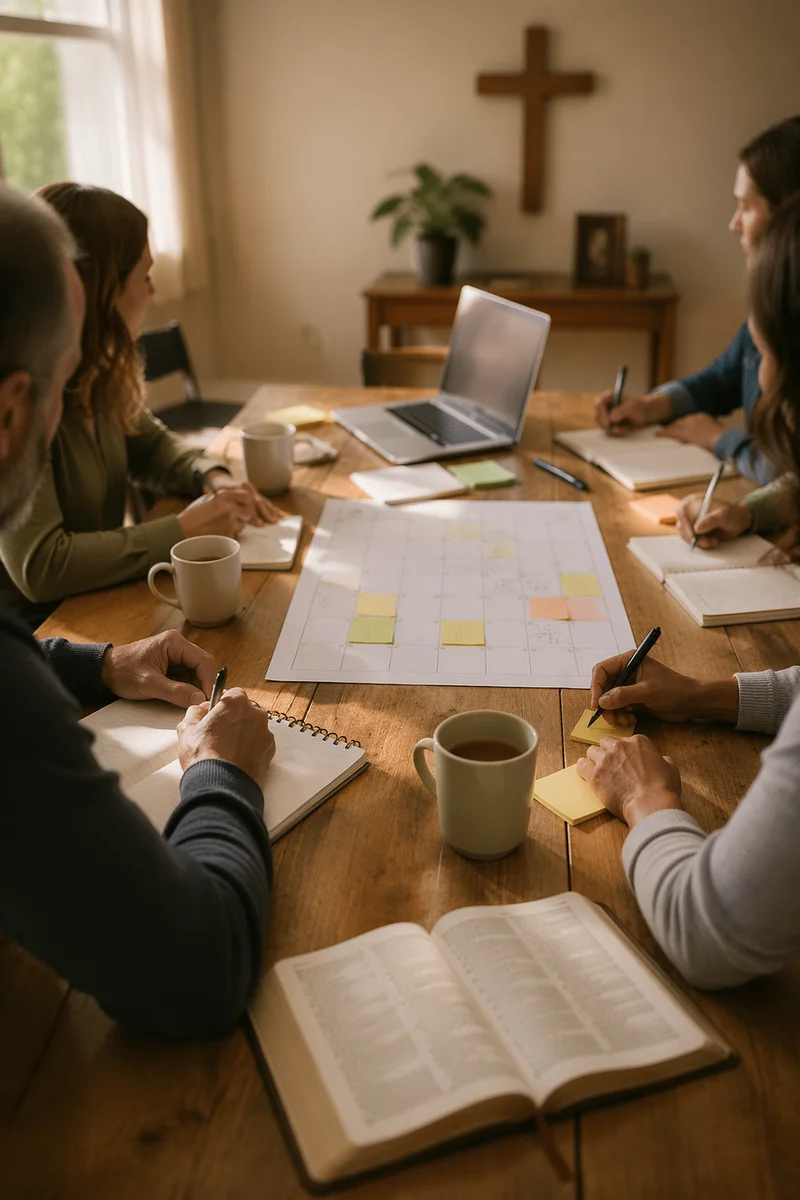Church Staff Planning Meeting Around Wooden Table