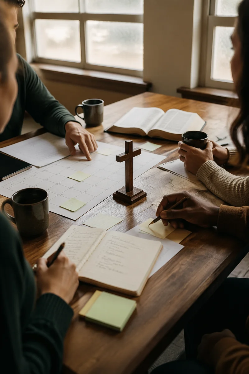 Church Staff Planning Meeting Around Wooden Table