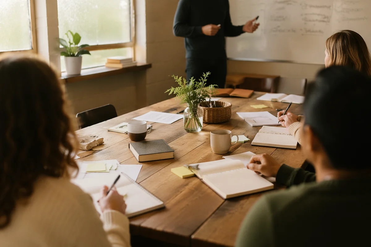 Church Staff Planning Meeting Around Wooden Table