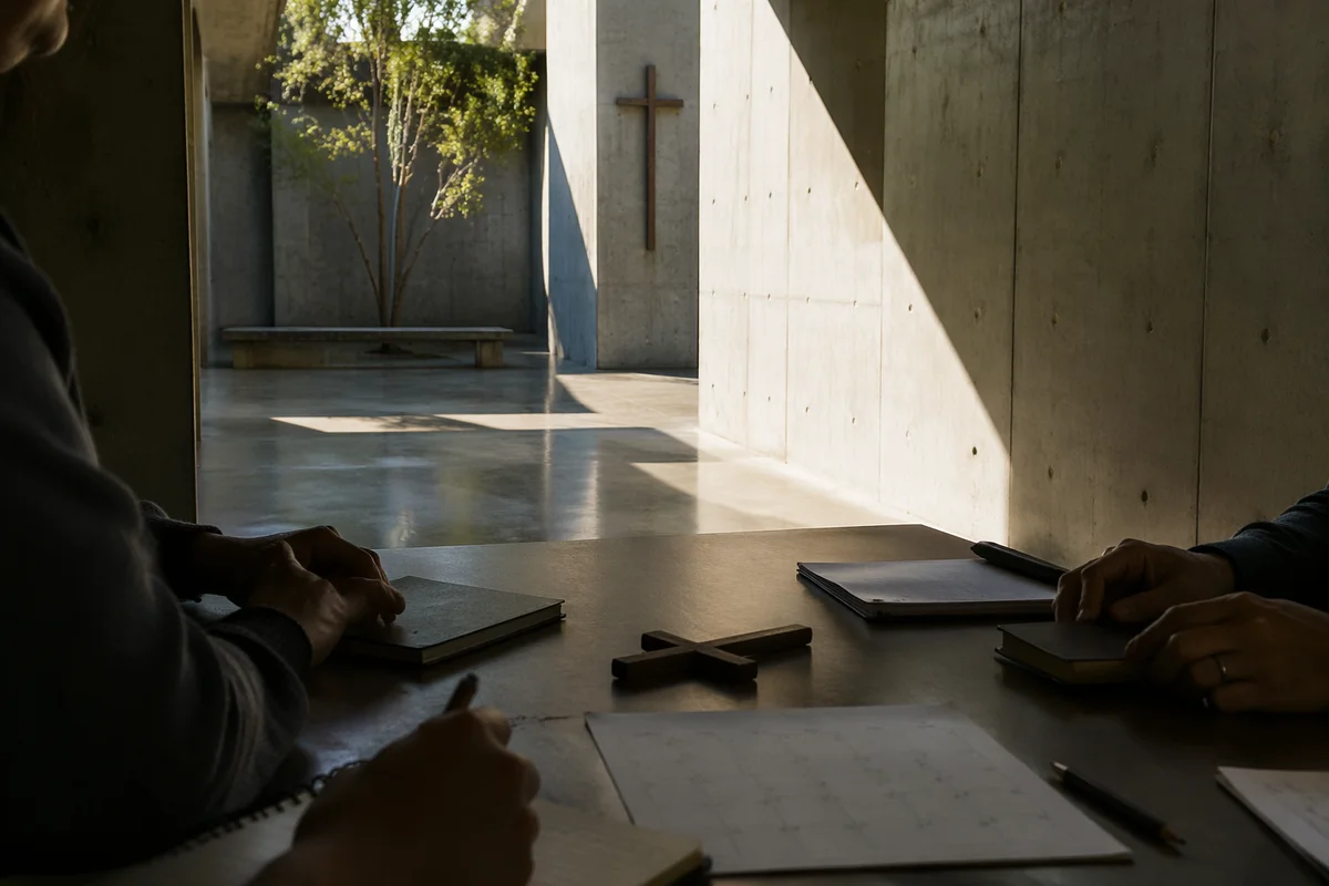 Church Staff Planning Meeting in Sunlit Courtyard