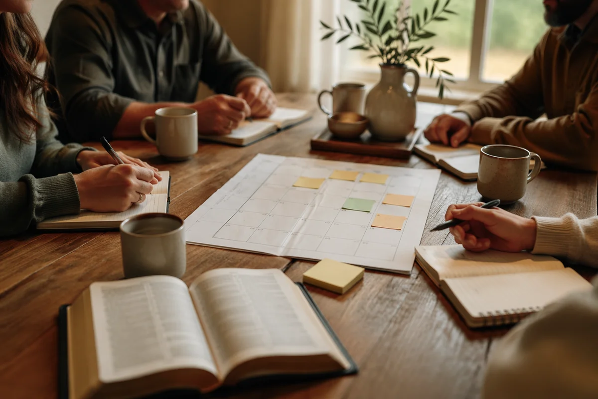 Church Staff Planning Meeting at Wooden Table