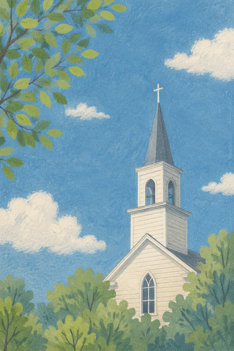 White Church Steeple Beneath Blue Clouds