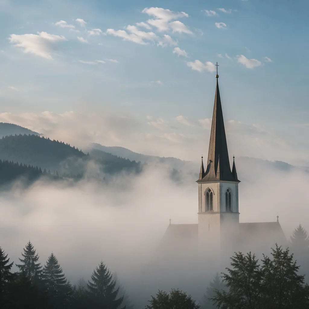 Rural Church Steeple in Morning Mist