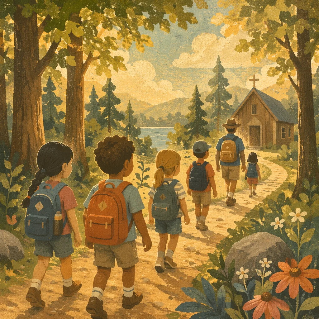Kids Walking to Summer Camp Chapel