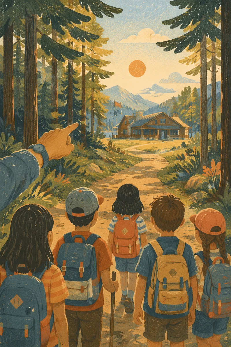 Kids Hiking Toward Summer Camp Lodge