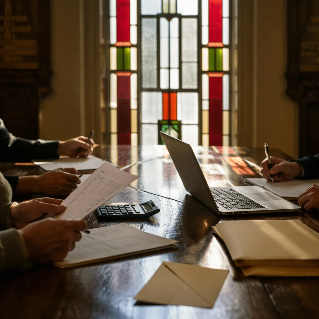 Church Treasurer Stewardship Meeting at Wooden Table