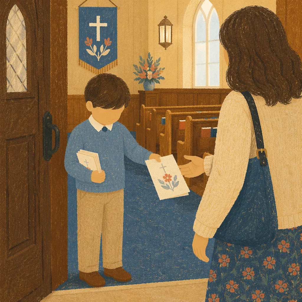 Church Usher Welcoming Visitor With Bulletins