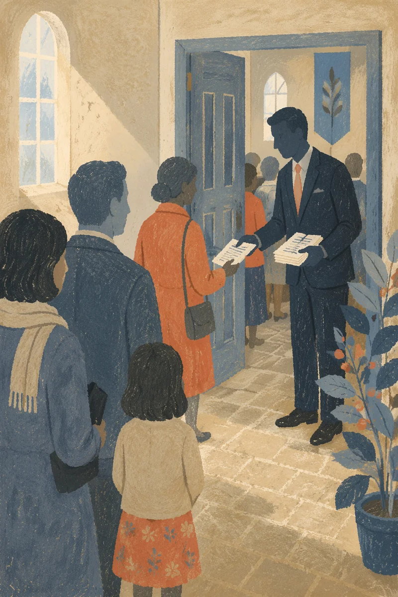 Usher Greeting Worshippers with Church Bulletins
