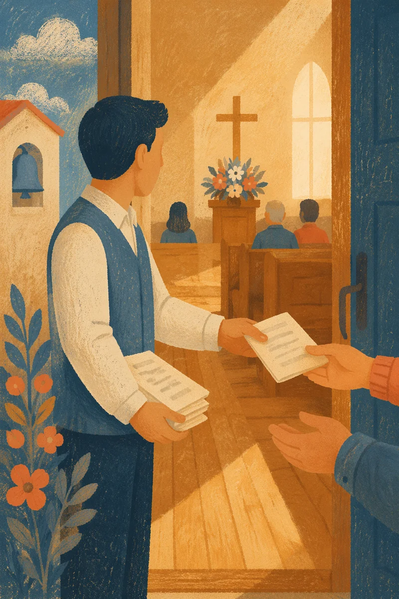 Church Usher Welcoming Guests With Bulletins