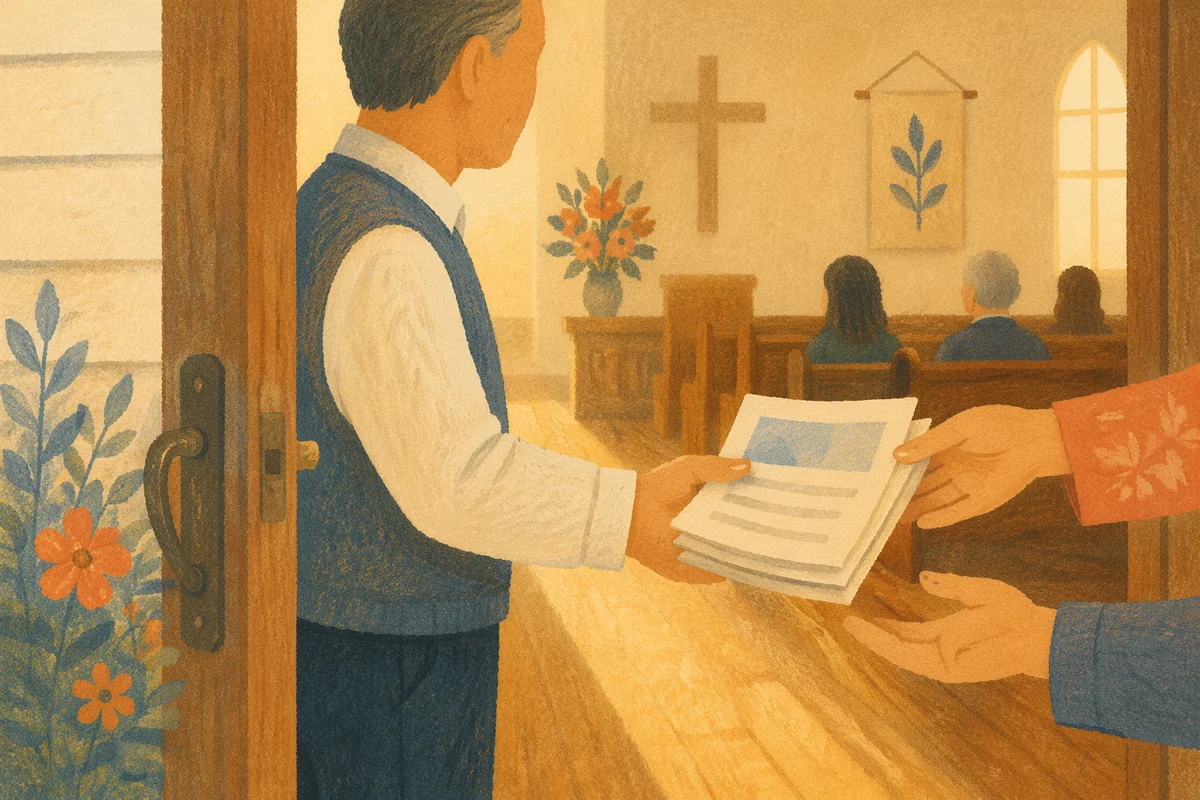 Church Usher Welcoming Guests With Bulletins