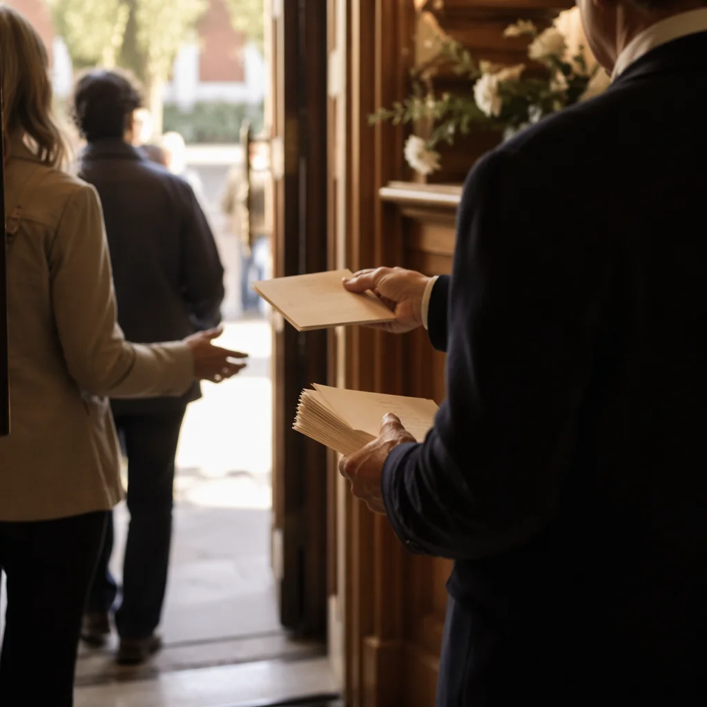 Church Usher Welcoming Guests With Bulletins