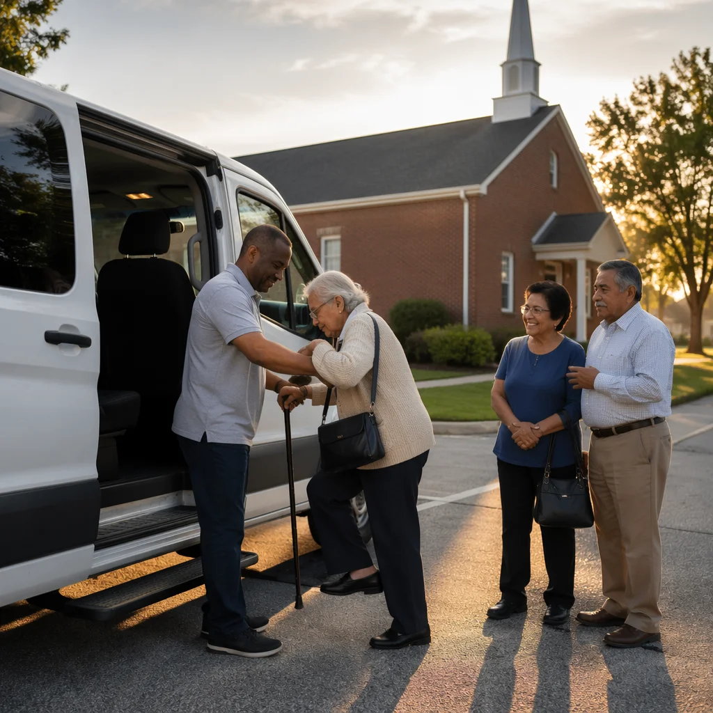 Volunteer Assisting Seniors Into Church Van