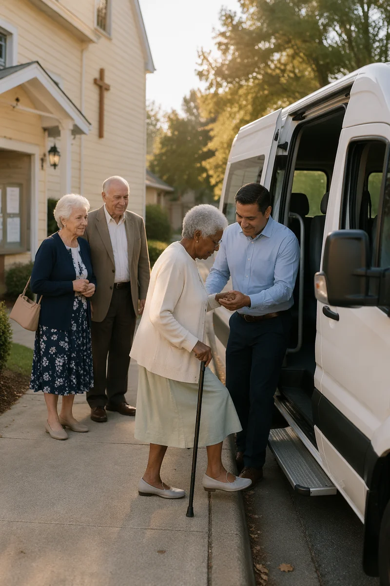 Elderly Passengers Boarding Van Outside Church