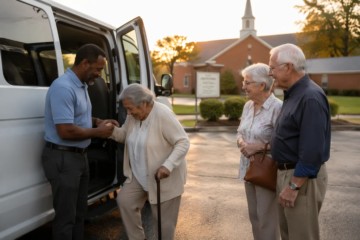 Volunteer Helping Elderly Woman Into Church Van