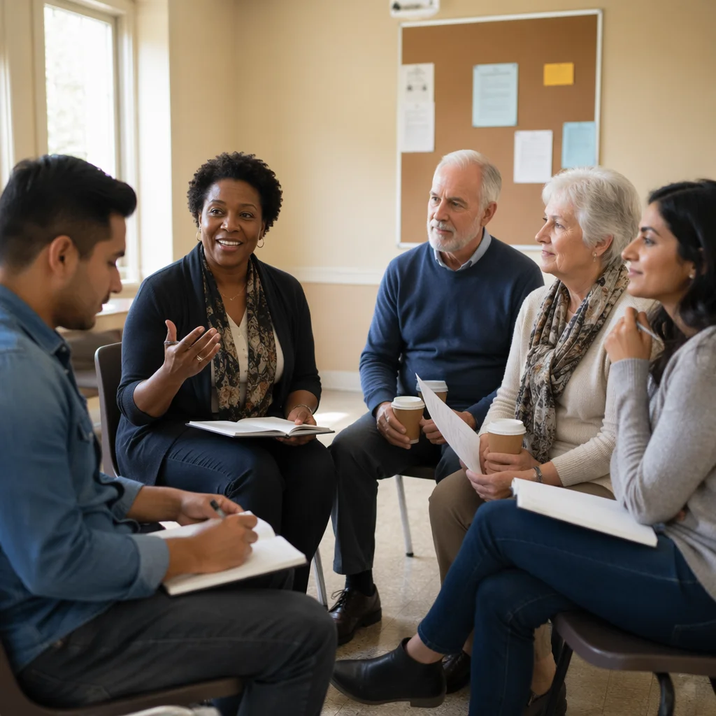 Volunteer Discussion Group in Bright Classroom