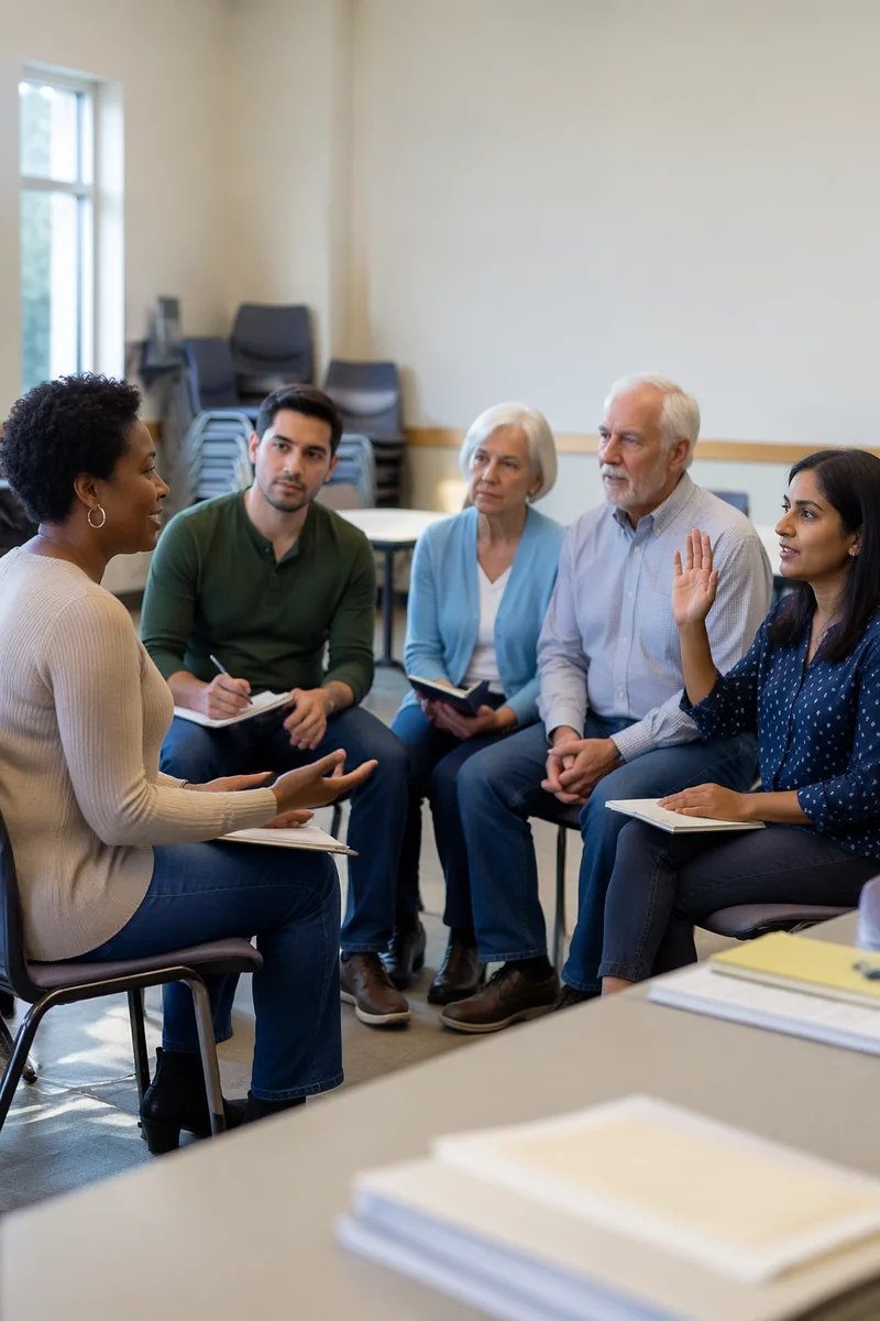 Volunteer Training Discussion in Bright Classroom