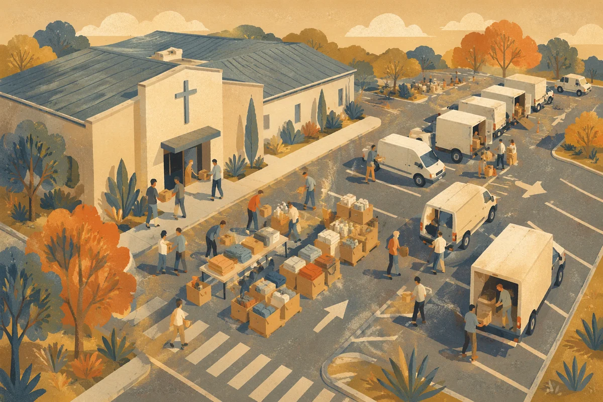 Aerial Church Volunteers Packing Relief Supplies