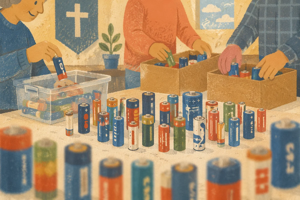 Church Volunteers Sorting Batteries for Supply Kits