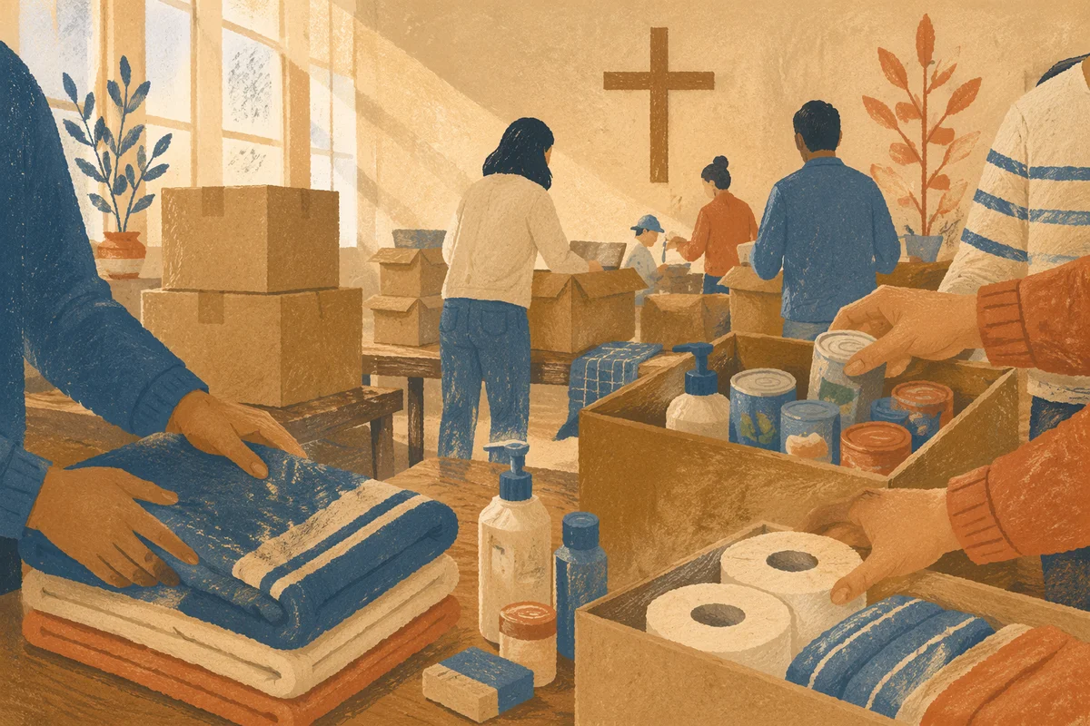 Church Volunteers Packing Supplies in Fellowship Hall