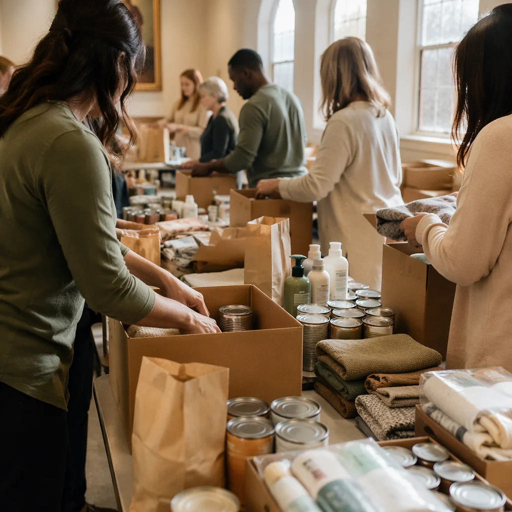 Church Volunteers Packing Relief Supplies Together