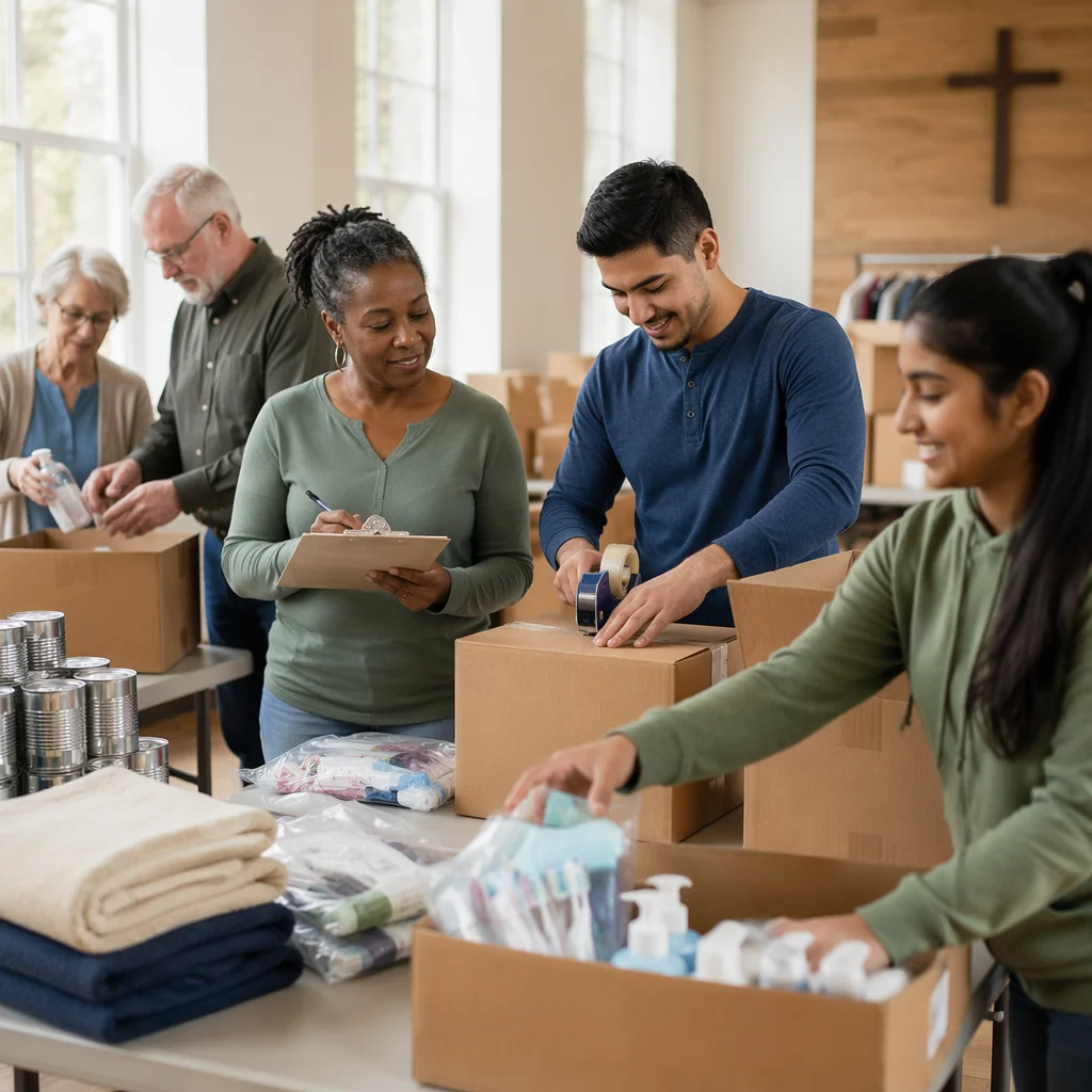 Church Volunteers Packing Donated Supplies Together