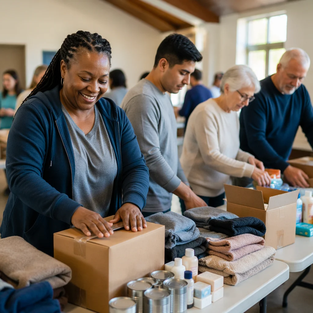 Church Volunteers Packing Aid Supplies Indoors