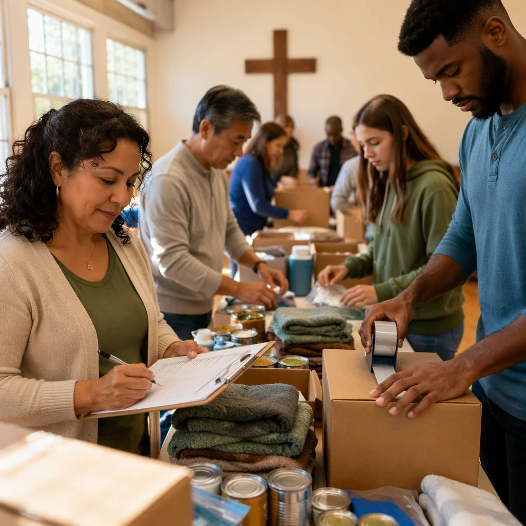 Volunteers Packing Donated Supplies in Community Hall