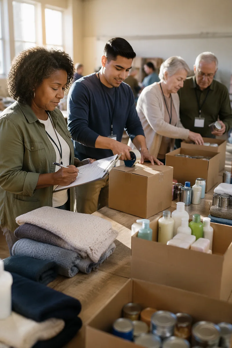Volunteers Packing Relief Supplies in Community Hall