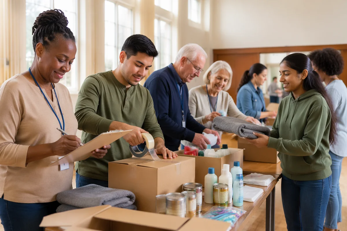 Volunteers Packing Donated Supplies in Community Hall