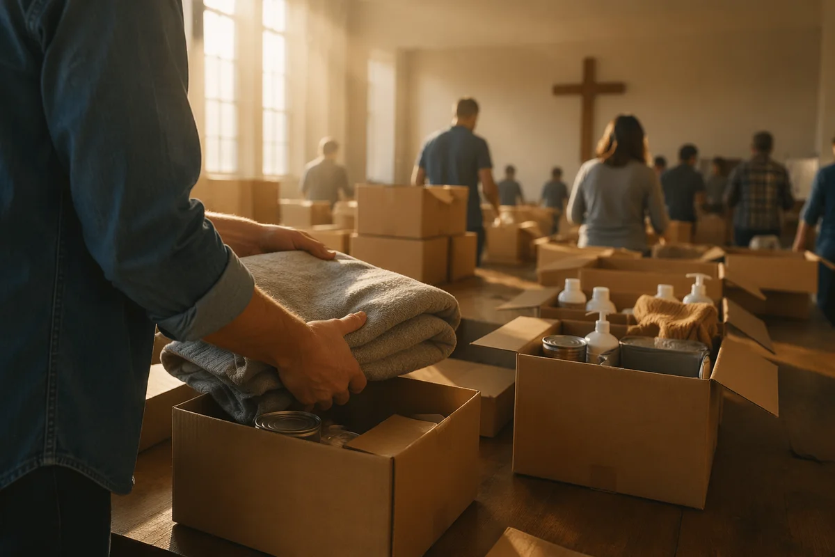 Church Volunteers Packing Supplies in Fellowship Hall