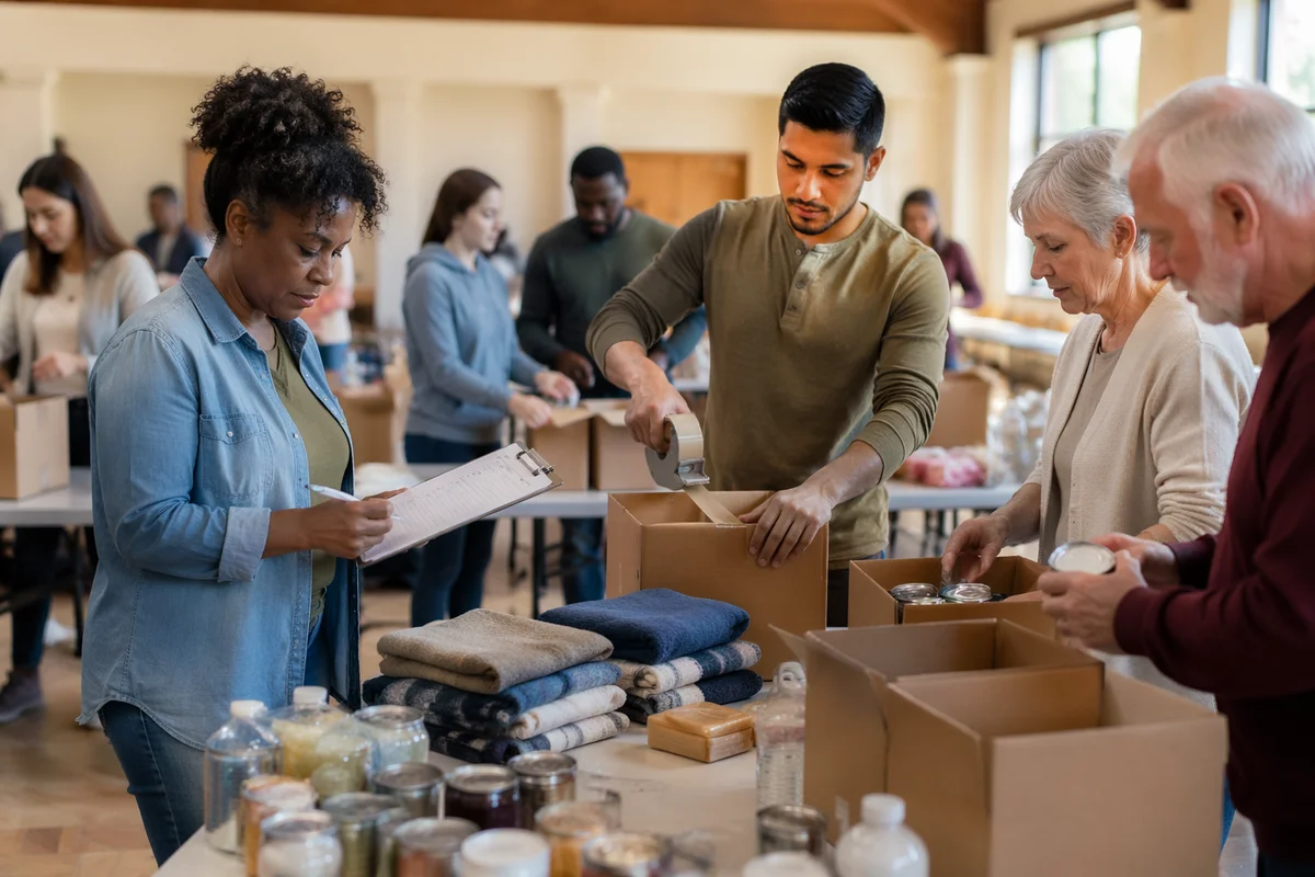Volunteers Packing Relief Supplies in Community Hall
