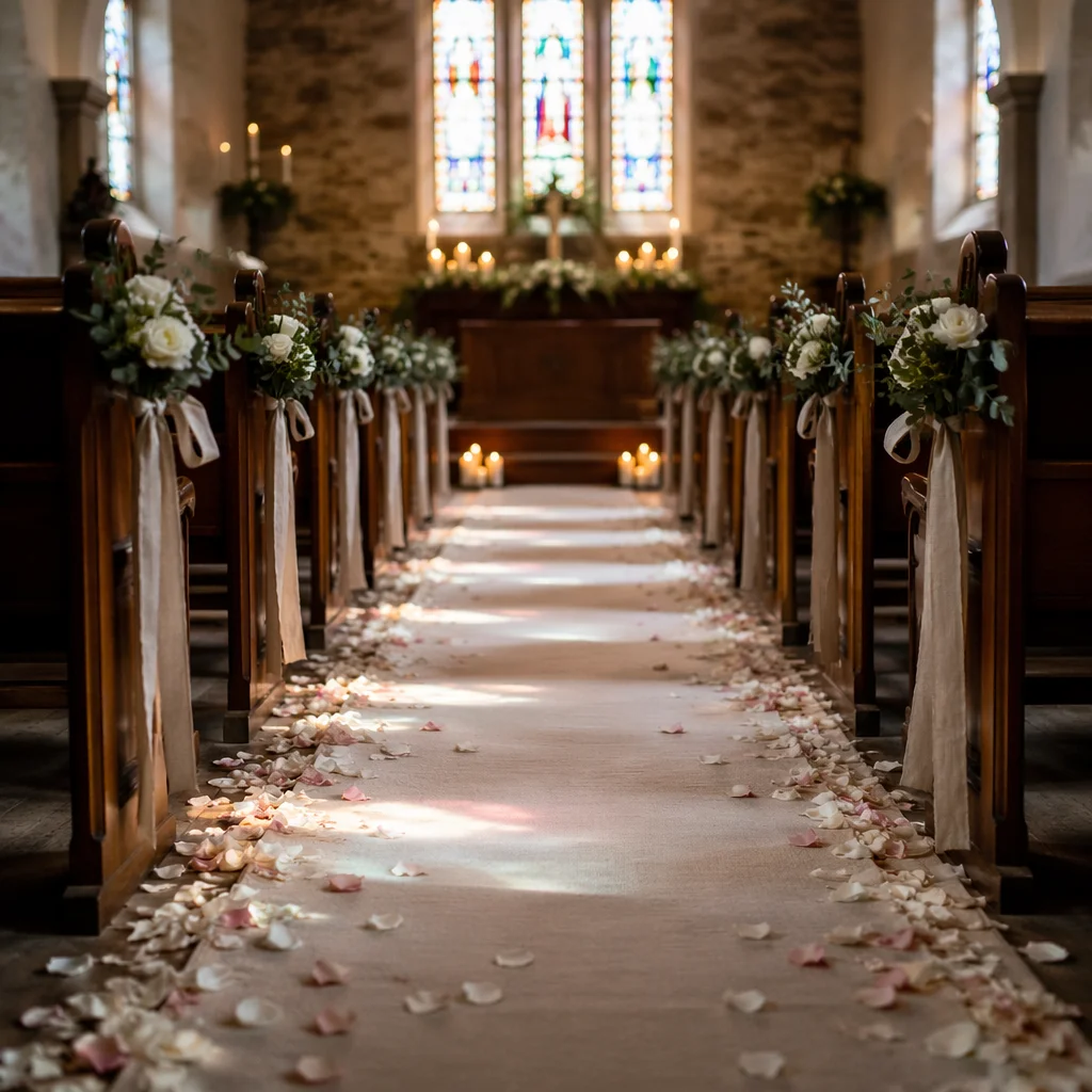 Romantic Church Wedding Aisle With Petals