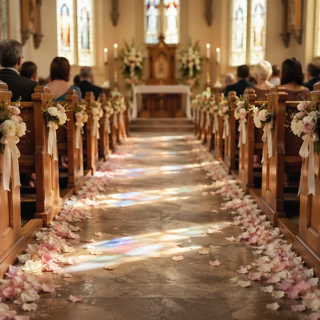 Serene Church Wedding Aisle with Rose Petals