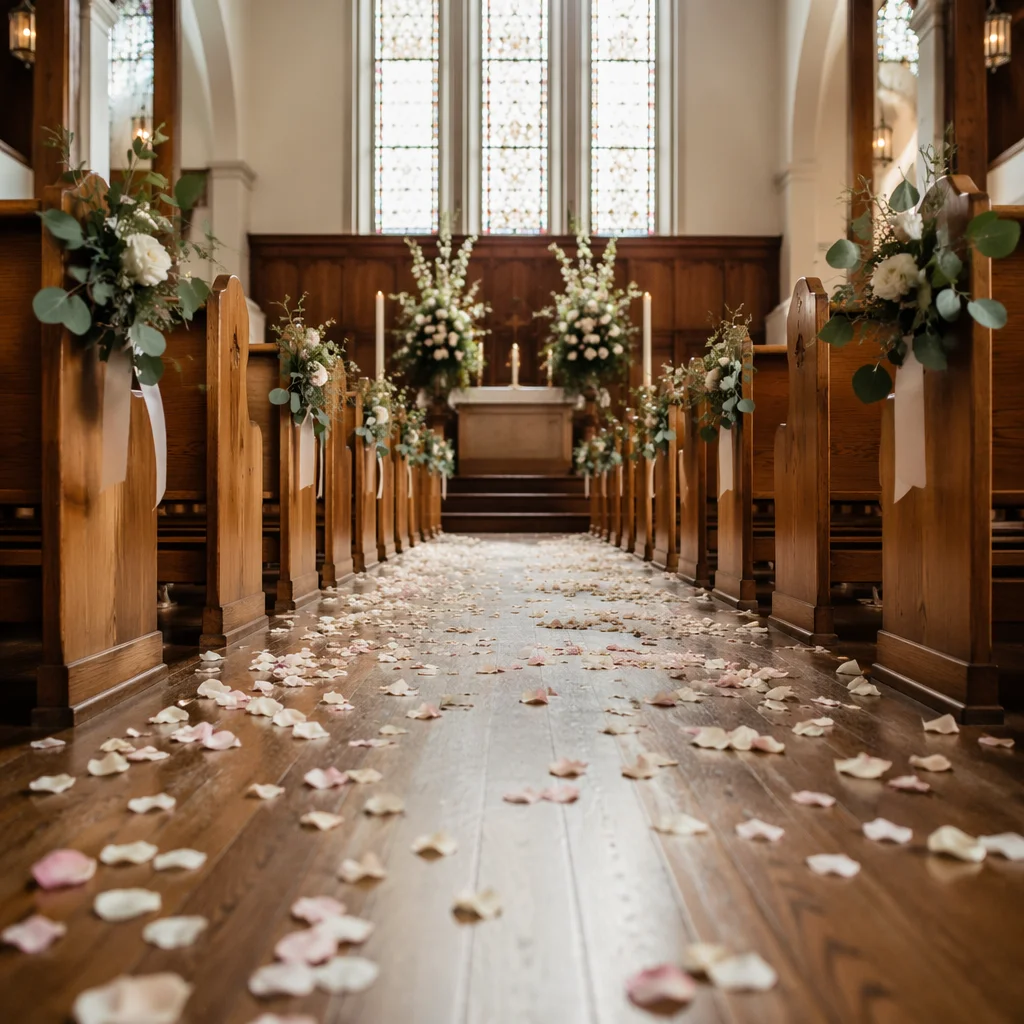 Serene Church Wedding Aisle With Petals