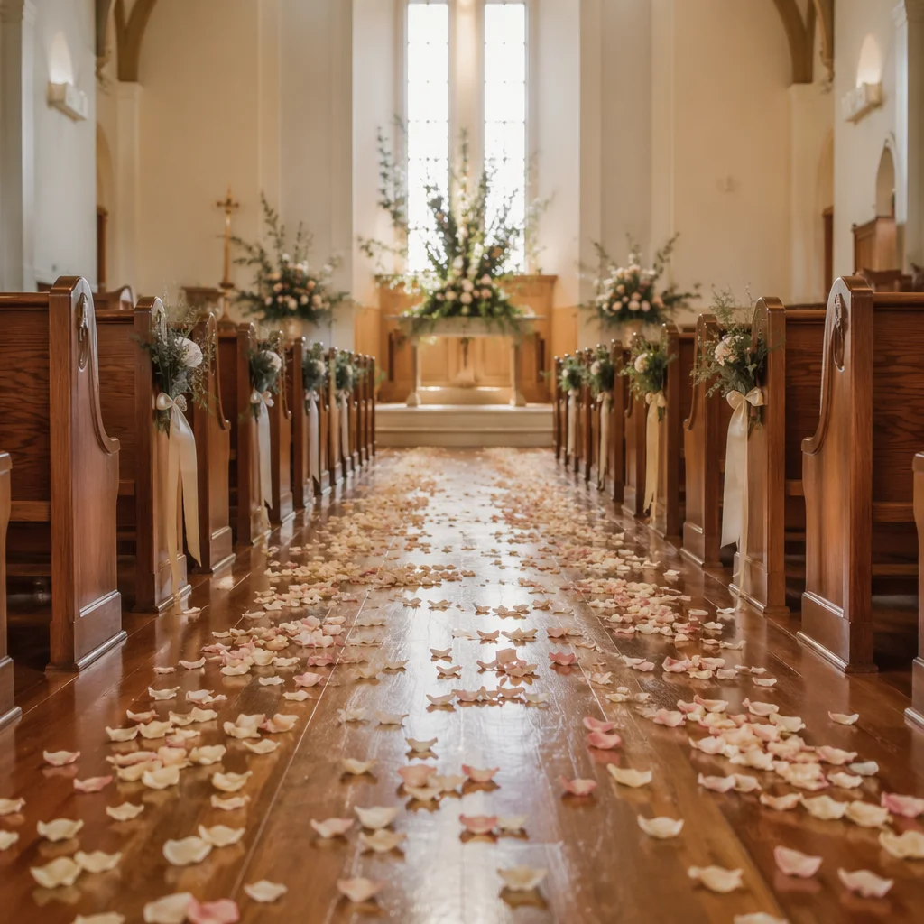 Flower Petals Along Church Wedding Aisle