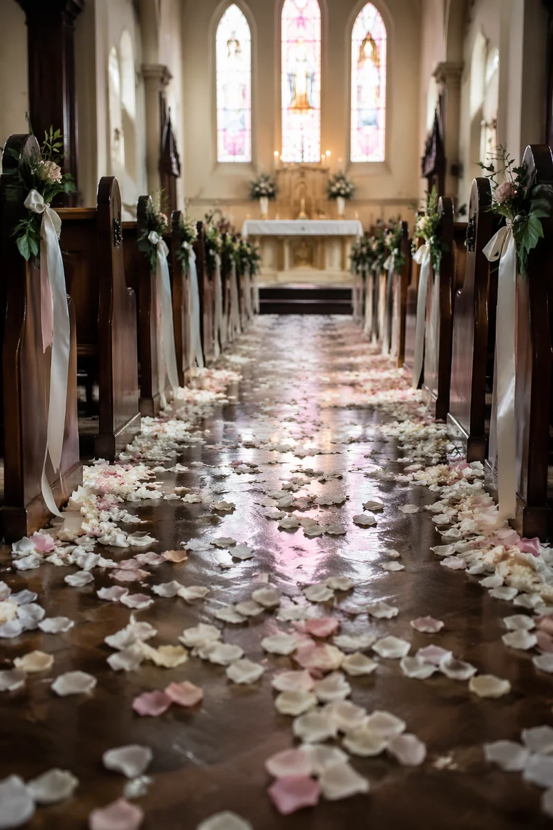 Rose Petal Wedding Aisle in Chapel