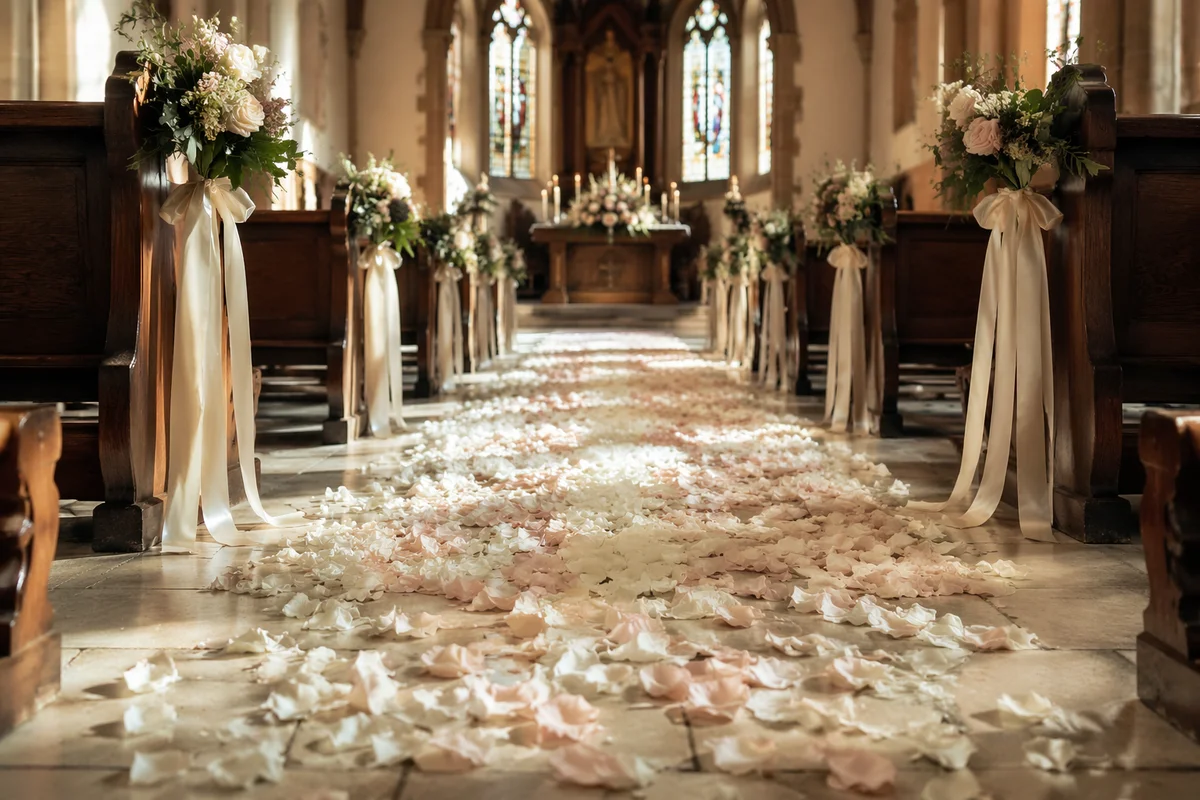 Flower Petal Wedding Aisle in Chapel
